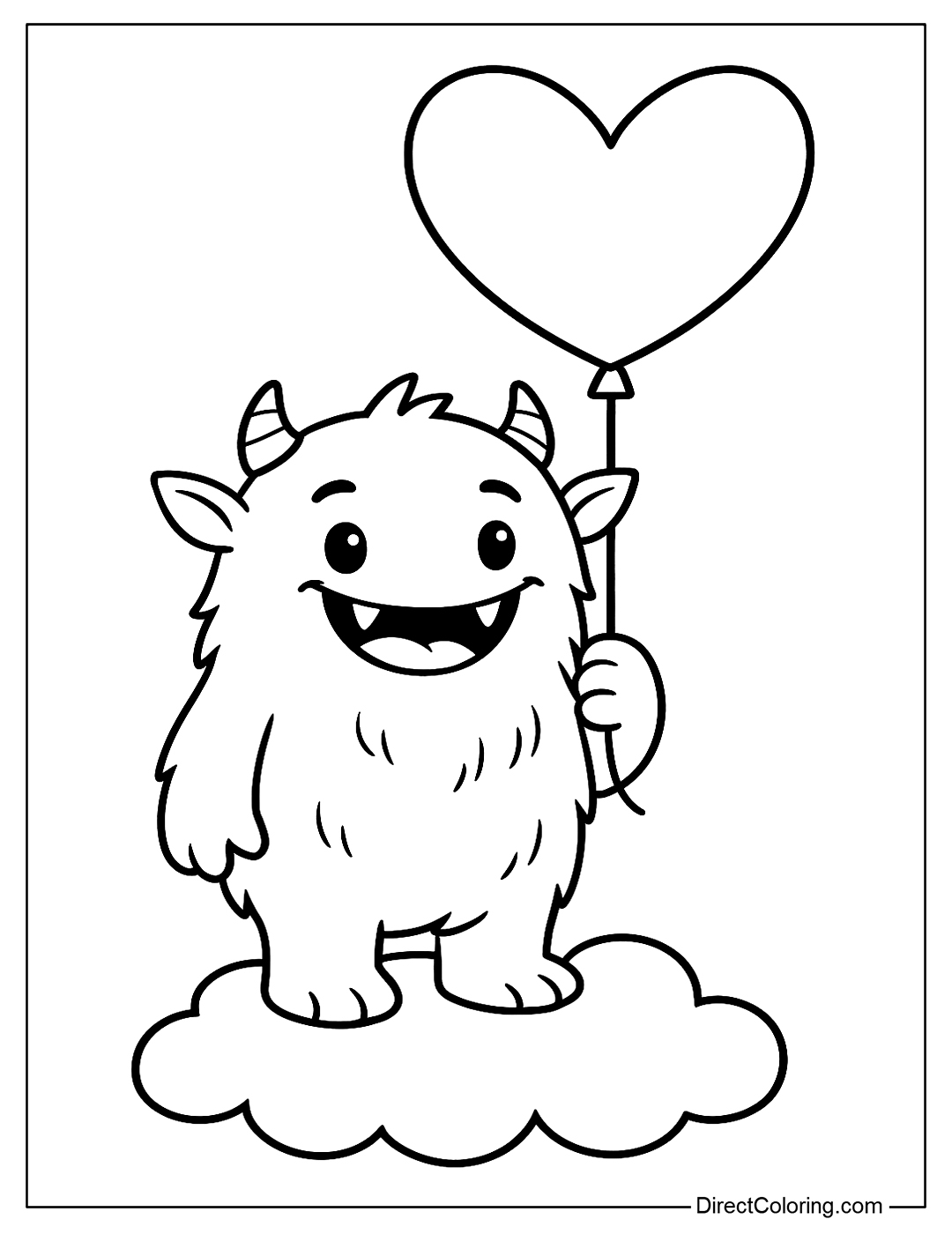 a Coloring Page A friendly monster with small fangs, holding a heart-shaped balloon, standing on a cloud